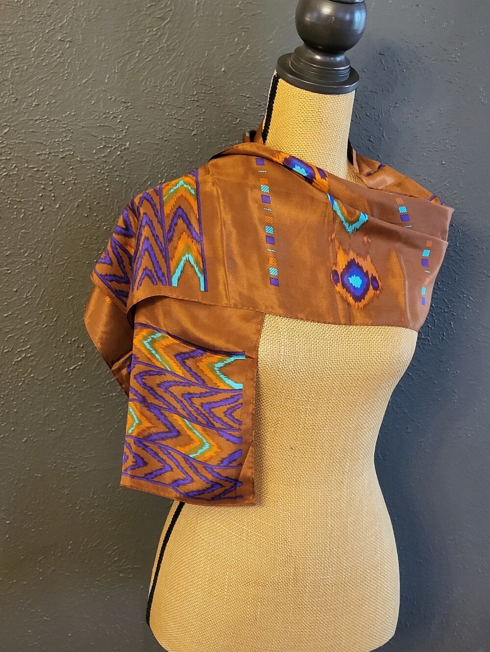 Berkshire Vintage 70s Silk Rectangular Scarf Bronze/Teal/Purple Southwest Design